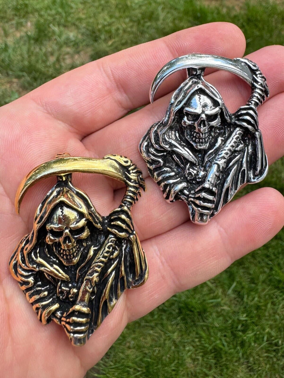 Grim Reaper Death Santa Muerte Pendant - 14k Gold Vermeil Or Oxidized 925 Silver - Medium 2"