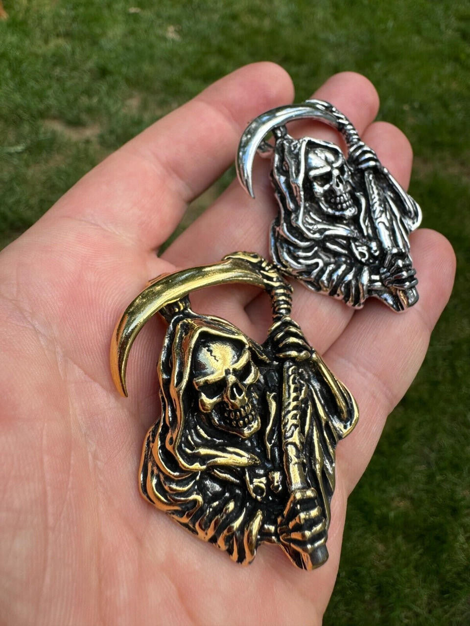 Grim Reaper Death Santa Muerte Pendant - 14k Gold Vermeil Or Oxidized 925 Silver - Medium 2"