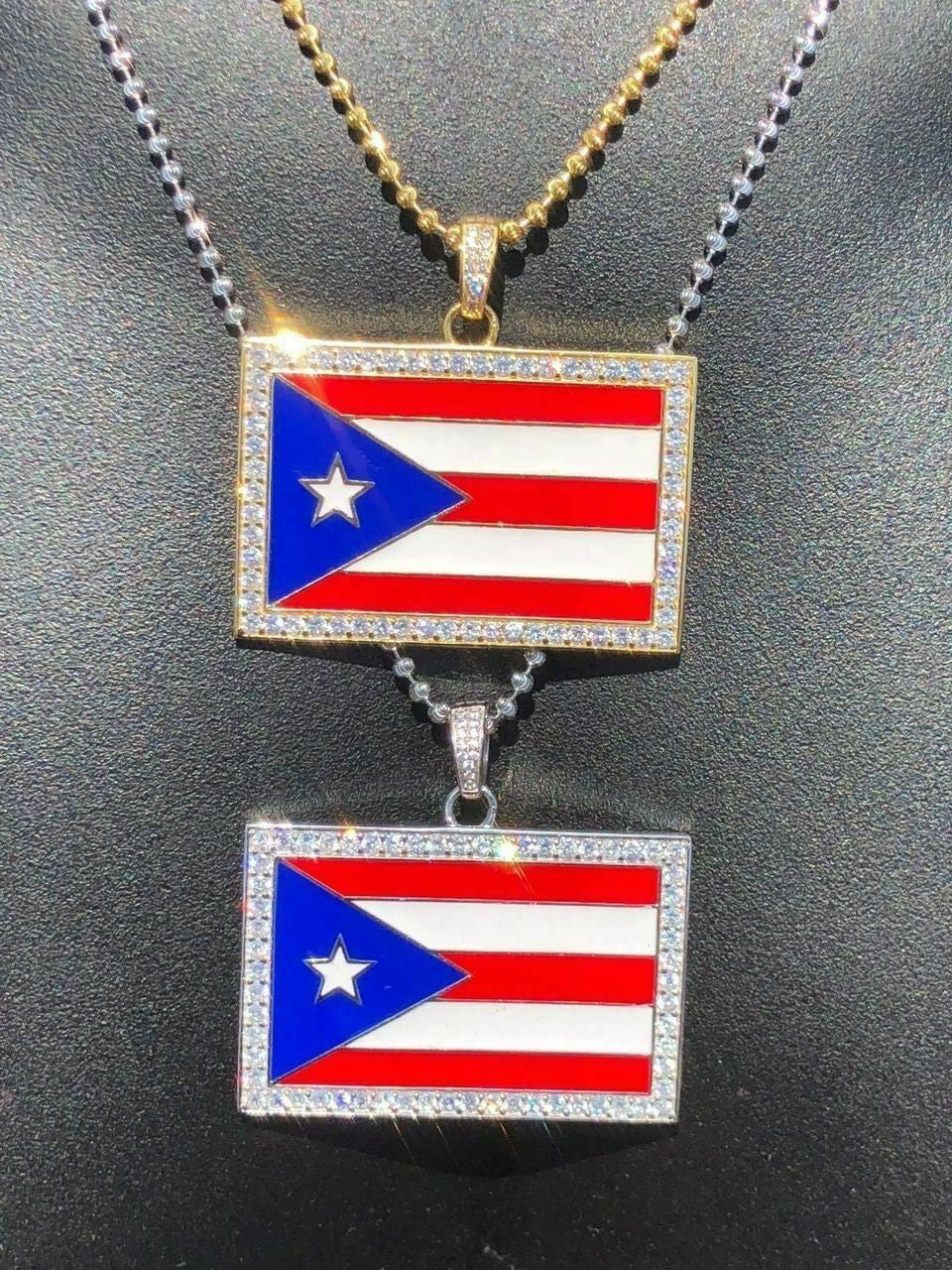 Solid 925 Silver Puerto Rico Flag Pendant 2" Wide BORICUA Rican Chain 14k Gold