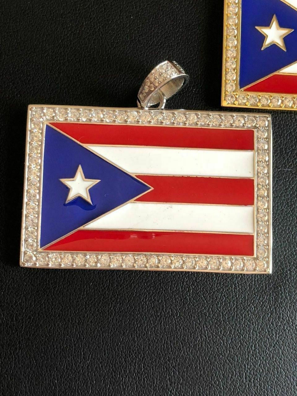 Solid 925 Silver Puerto Rico Flag Pendant 2" Wide BORICUA Rican Chain 14k Gold