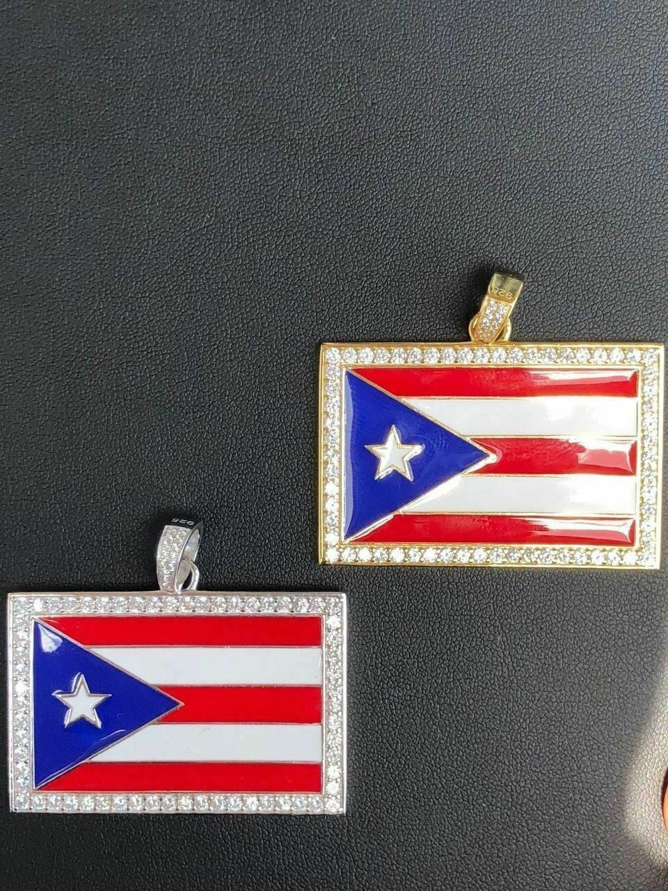 Solid 925 Silver Puerto Rico Flag Pendant 2" Wide BORICUA Rican Chain 14k Gold