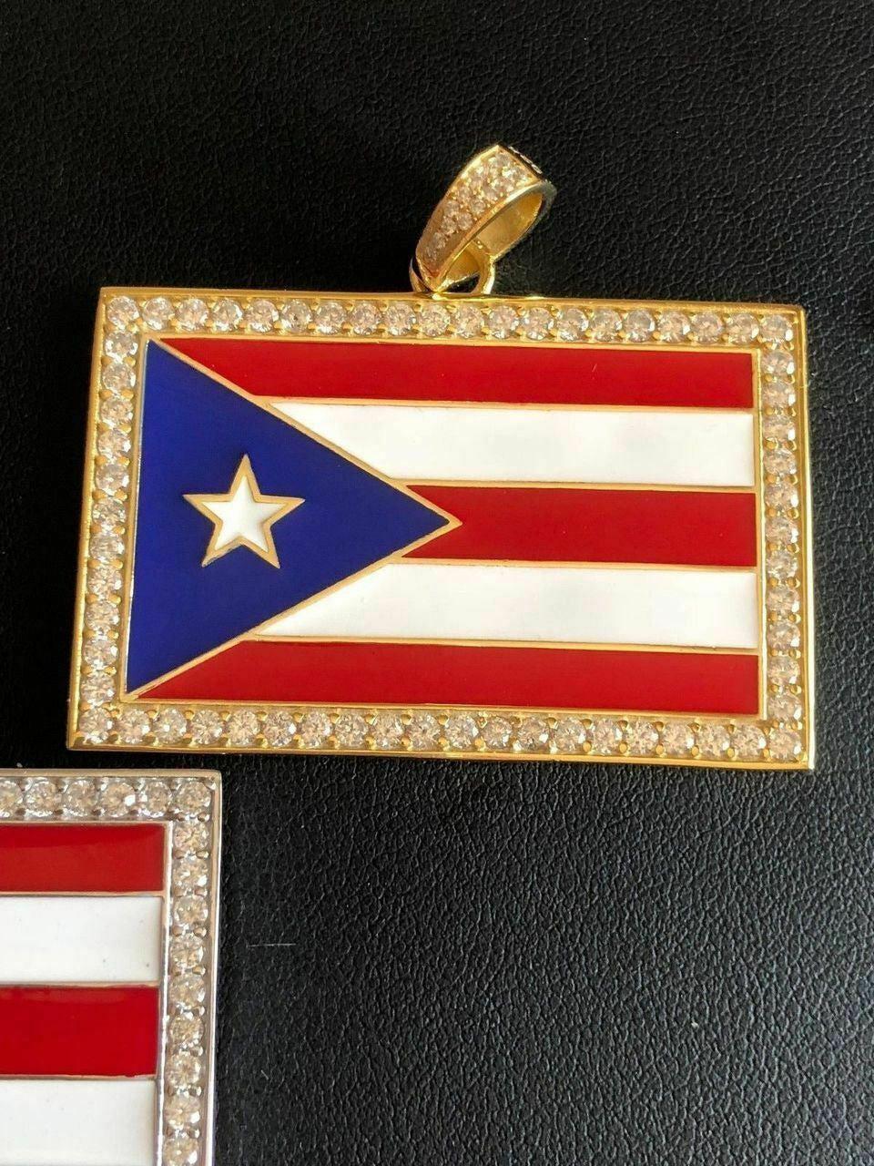 Solid 925 Silver Puerto Rico Flag Pendant 2" Wide BORICUA Rican Chain 14k Gold
