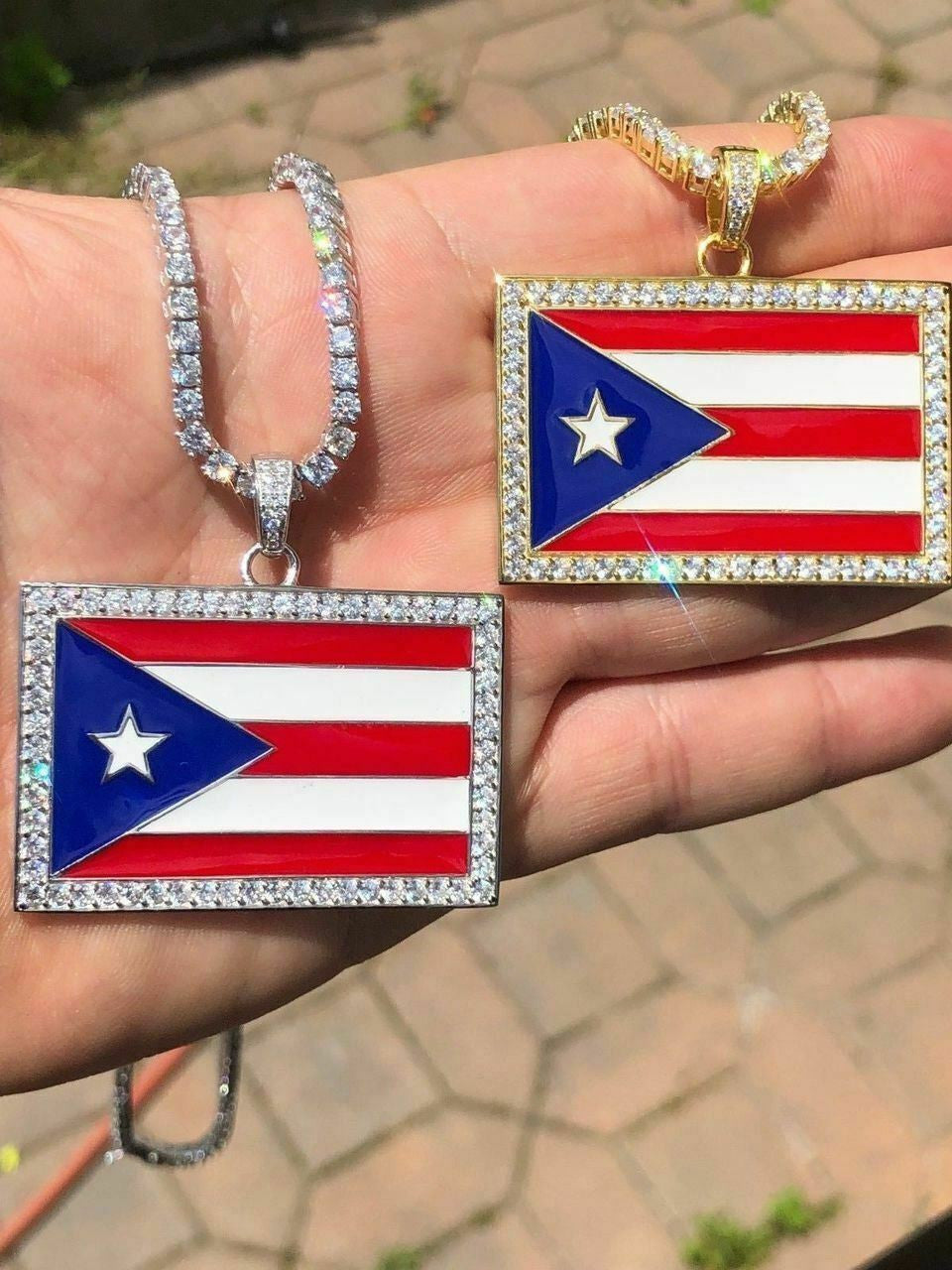 Solid 925 Silver Puerto Rico Flag Pendant 2" Wide BORICUA Rican Chain 14k Gold