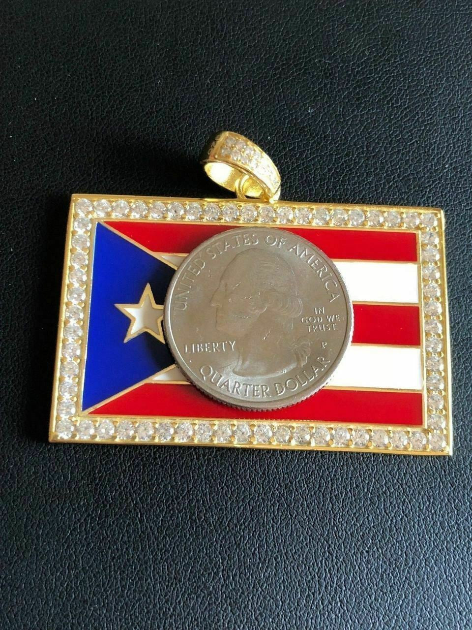 Solid 925 Silver Puerto Rico Flag Pendant 2" Wide BORICUA Rican Chain 14k Gold