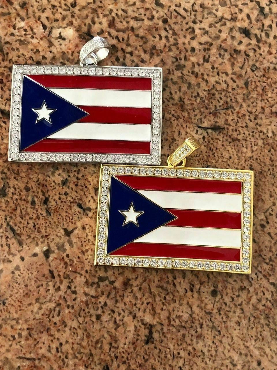 Solid 925 Silver Puerto Rico Flag Pendant 2" Wide BORICUA Rican Chain 14k Gold