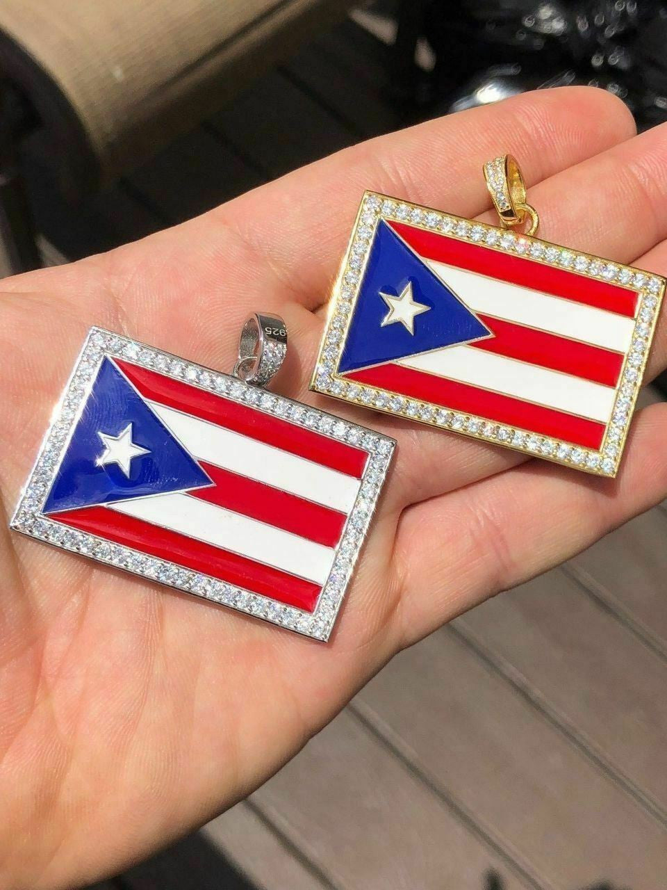 Solid 925 Silver Puerto Rico Flag Pendant 2" Wide BORICUA Rican Chain 14k Gold