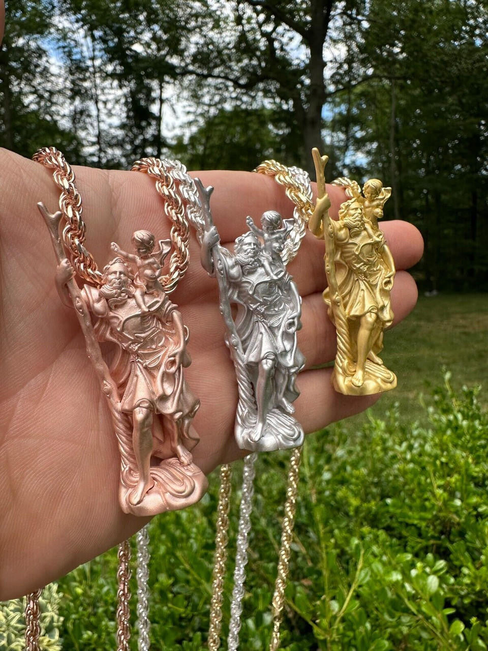 St Christopher 3D Pendant - 14k Yellow/Rose Gold Vermeil Or 925 Silver - Large 2.5"