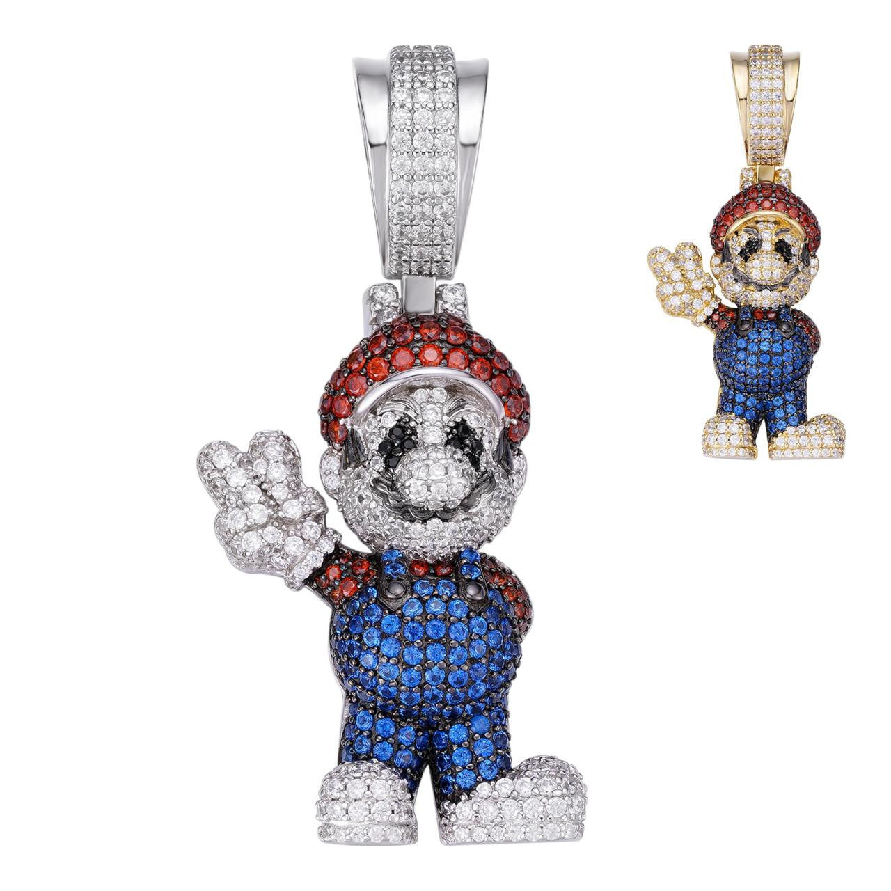 Super Mario Bros Iced Out Pendant - 14k Gold Vermeil Or 925 Silver - CZ Stones - Medium 2"