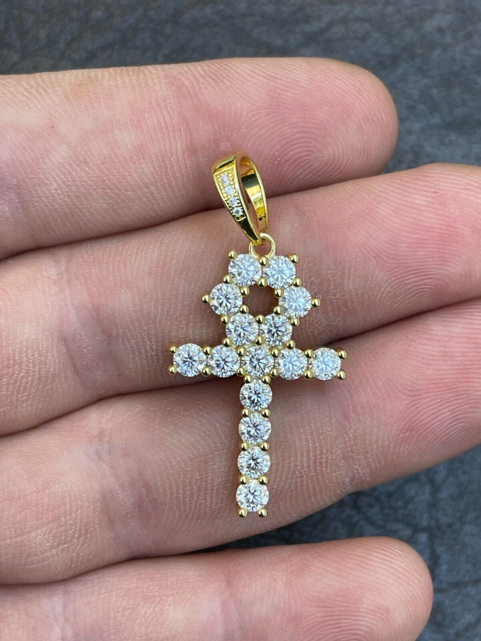 Egyptian Ankh Tennis Cross - 14k Yellow Gold Vermeil Or 925 Silver - CZ Stones - Small 1.5"
