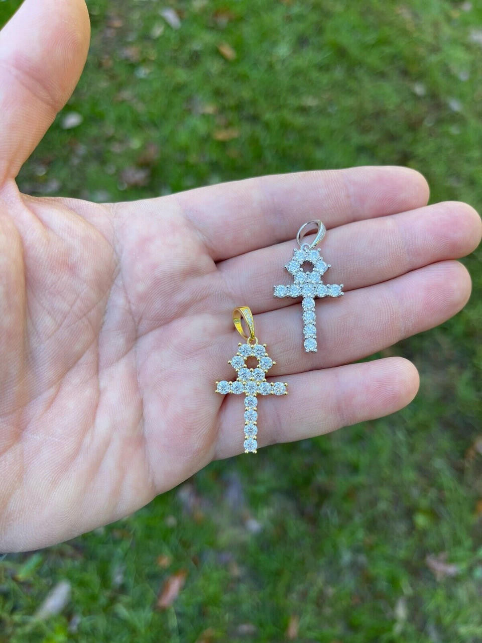 Egyptian Ankh Tennis Cross - 14k Yellow Gold Vermeil Or 925 Silver - CZ Stones - Small 1.5"