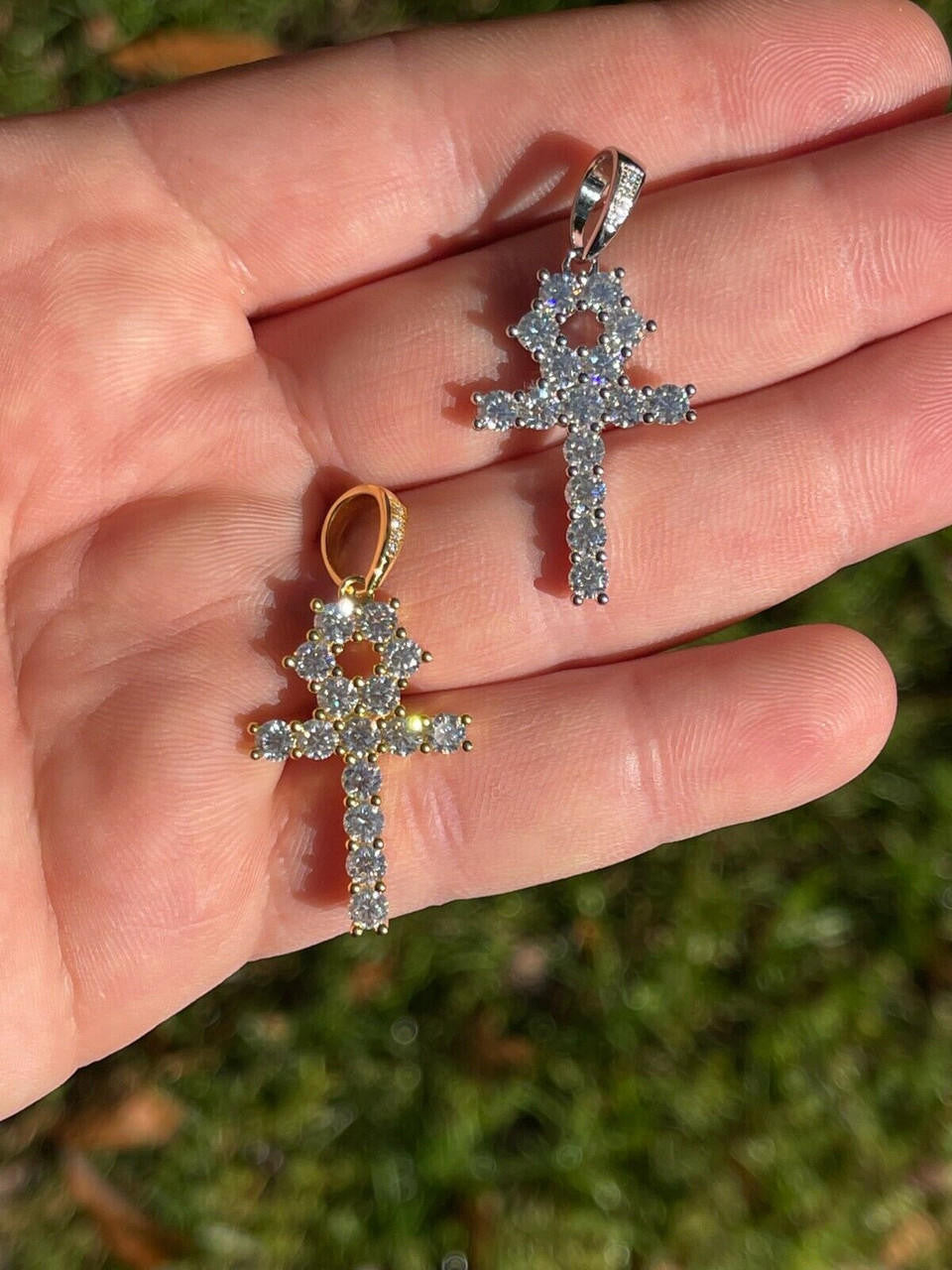 Egyptian Ankh Tennis Cross - 14k Yellow Gold Vermeil Or 925 Silver - CZ Stones - Small 1.5"