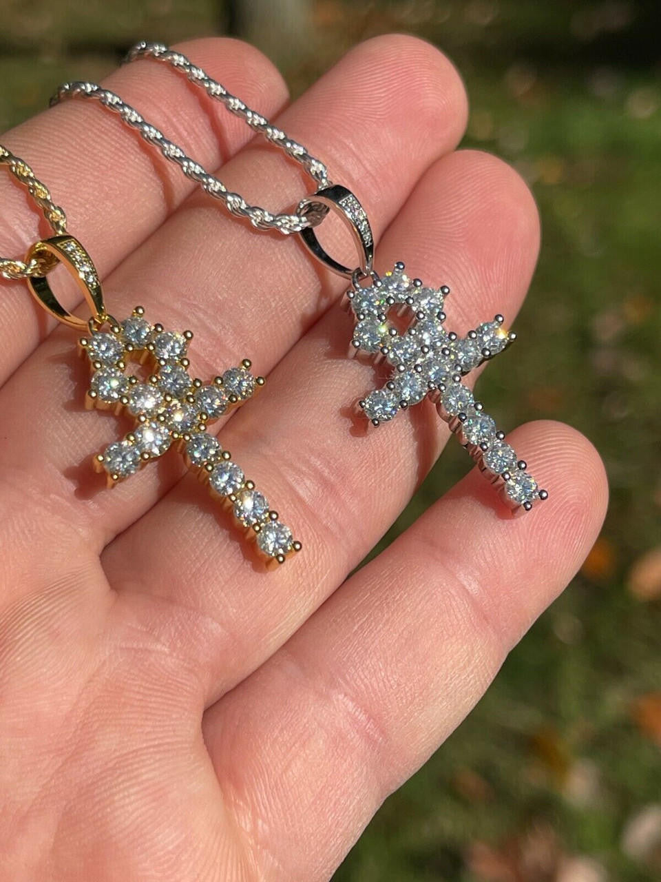 Egyptian Ankh Tennis Cross - 14k Yellow Gold Vermeil Or 925 Silver - CZ Stones - Small 1.5"