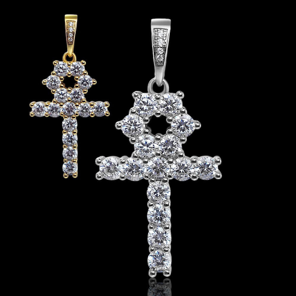 Egyptian Ankh Tennis Cross - 14k Yellow Gold Vermeil Or 925 Silver - CZ Stones - Small 1.5"