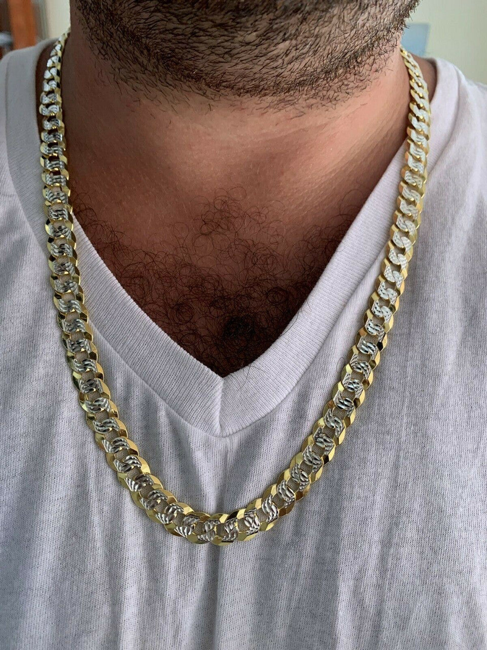 Flat Curb Cuban Chain Necklace - Two Tone Diamond Cut 14k Gold Vermeil 925 Sterling Silver - 16"-30" - 3mm-10.5mm