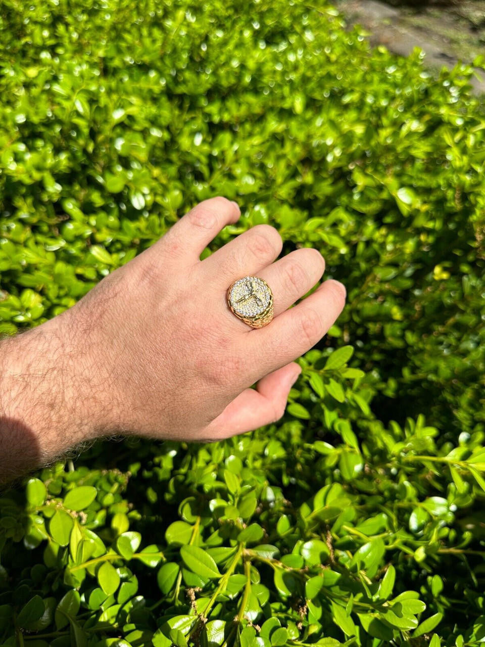 Moissanite Jesus On Cross Nugget Ring - 14k Gold Vermeil 925 Silver