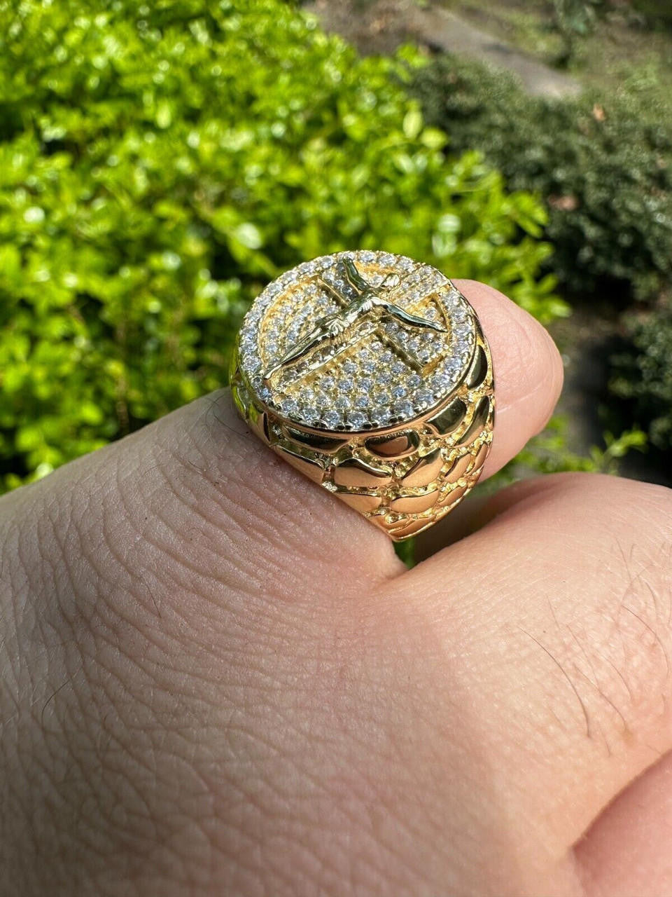 Moissanite Jesus On Cross Nugget Ring - 14k Gold Vermeil 925 Silver