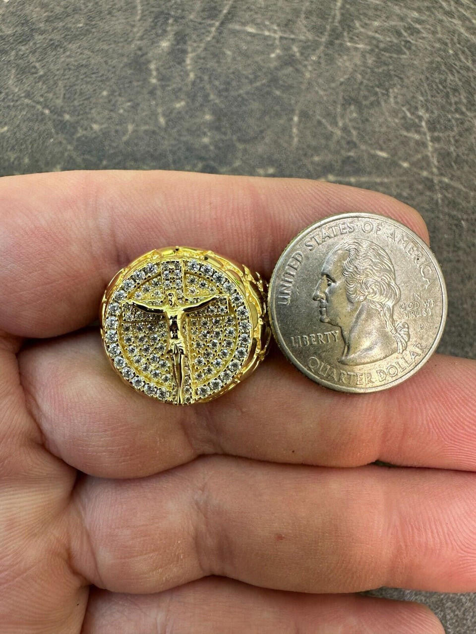 Moissanite Jesus On Cross Nugget Ring - 14k Gold Vermeil 925 Silver