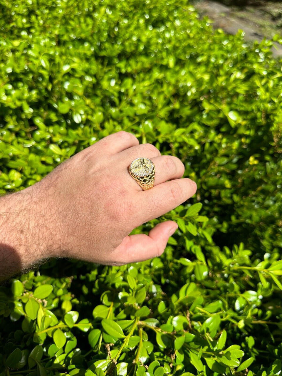 Moissanite Jesus On Cross Nugget Ring - 14k Gold Vermeil 925 Silver