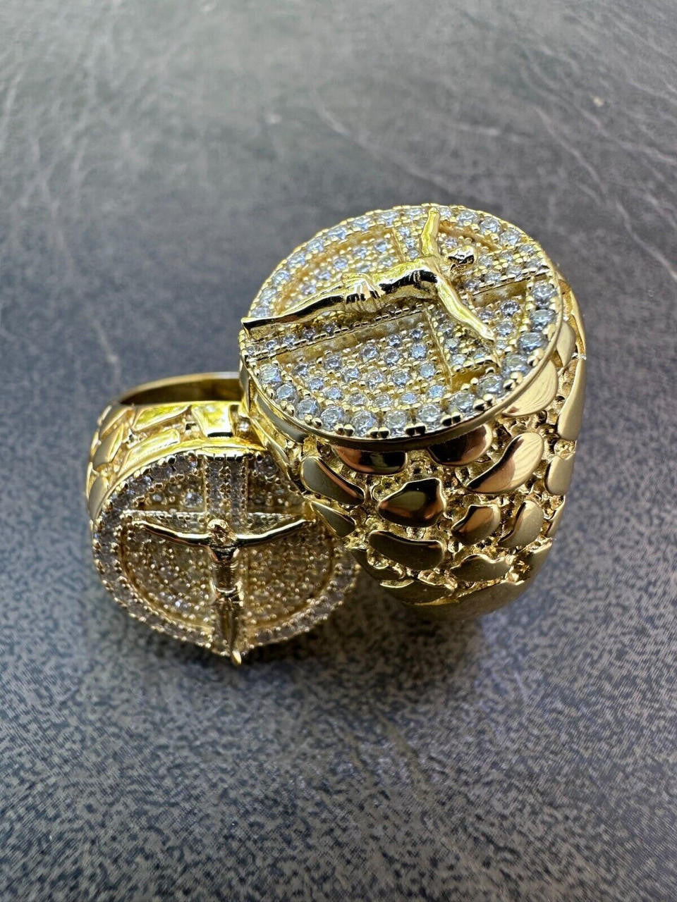 Moissanite Jesus On Cross Nugget Ring - 14k Gold Vermeil 925 Silver