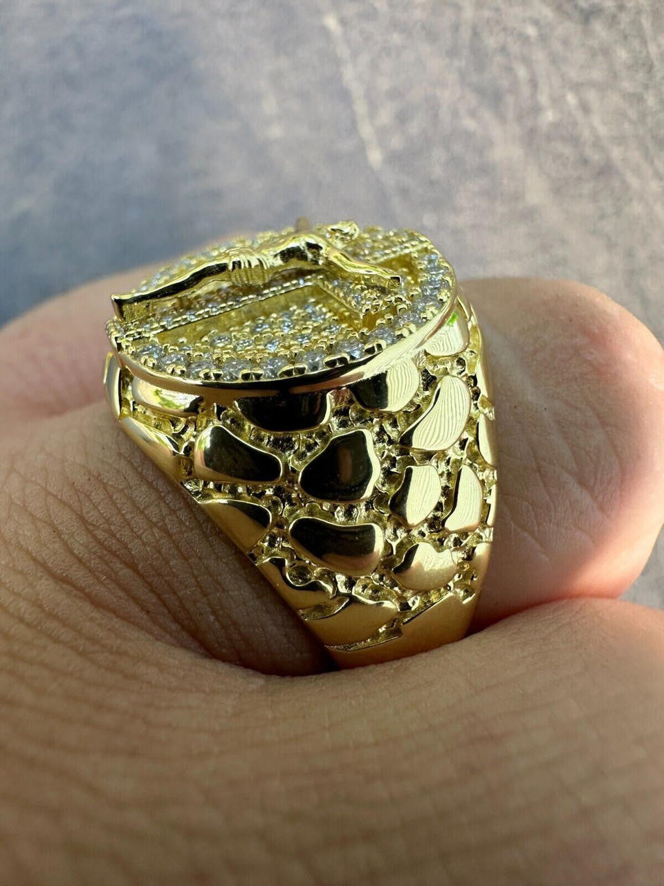 Moissanite Jesus On Cross Nugget Ring - 14k Gold Vermeil 925 Silver
