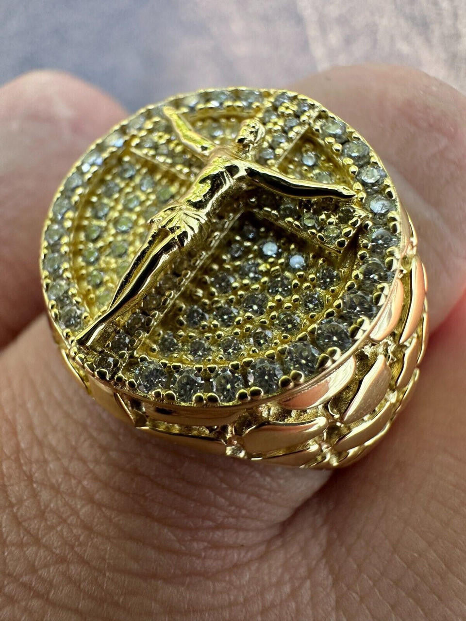 Moissanite Jesus On Cross Nugget Ring - 14k Gold Vermeil 925 Silver