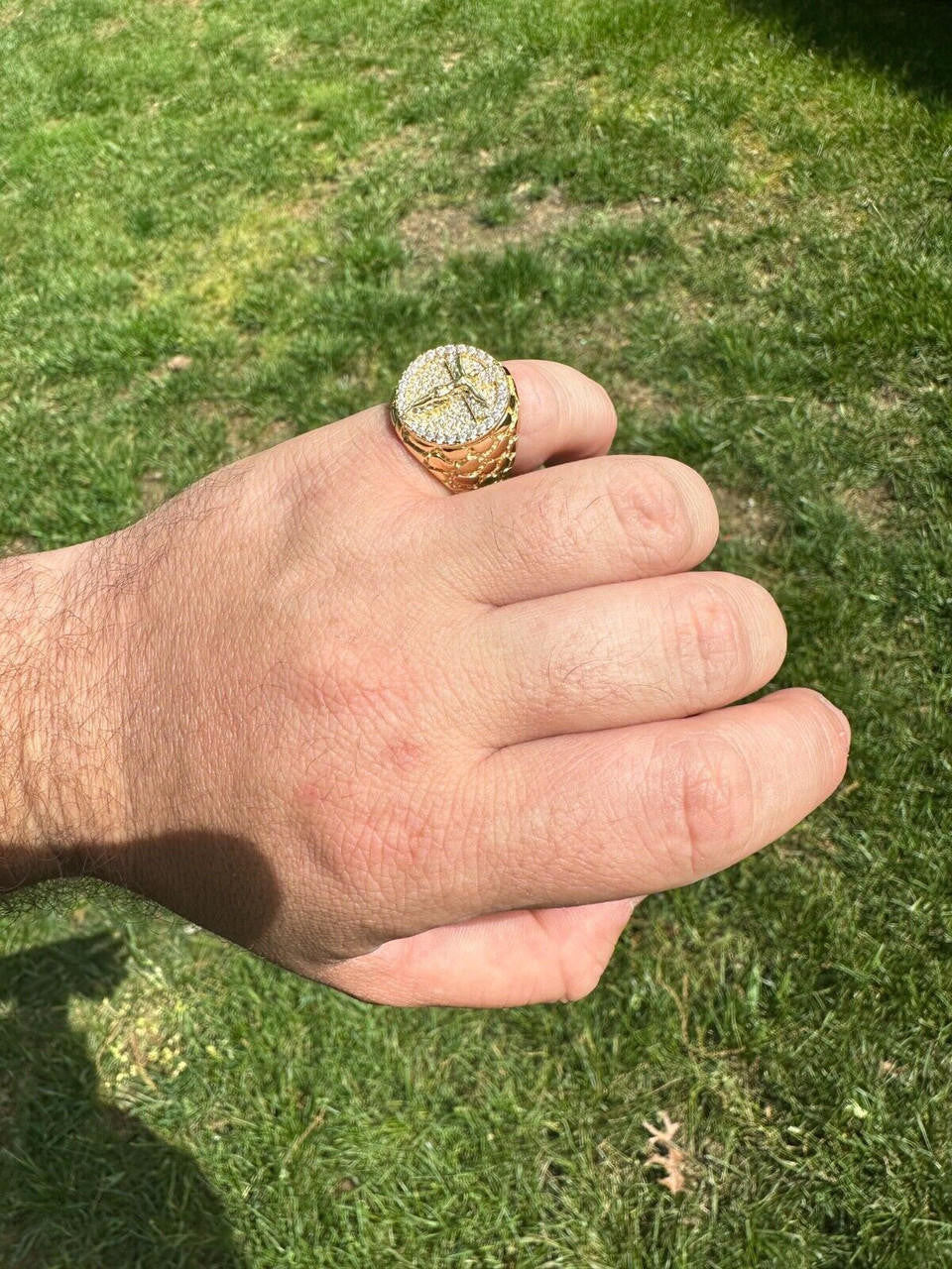 Moissanite Jesus On Cross Nugget Ring - 14k Gold Vermeil 925 Silver