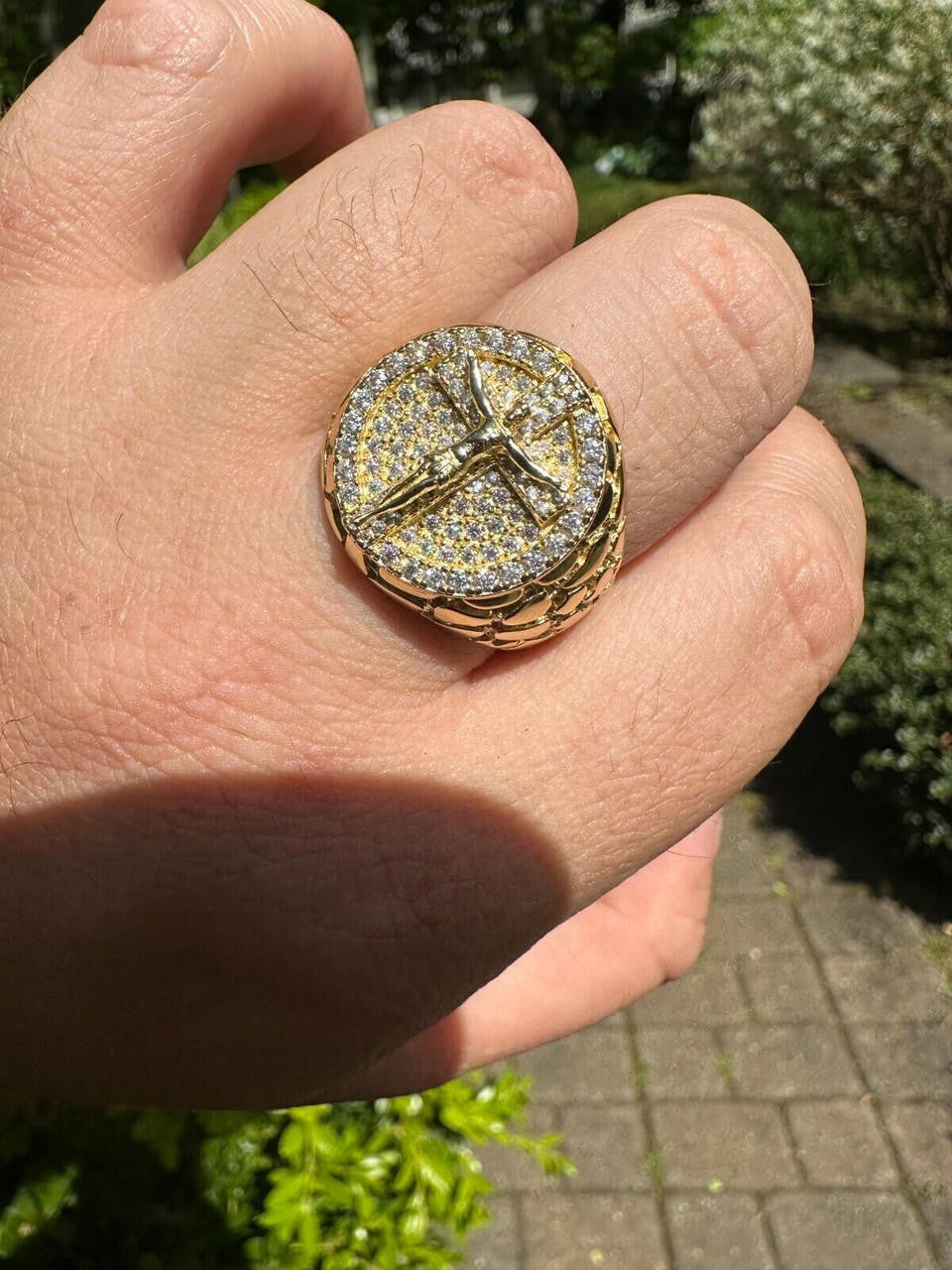 Moissanite Jesus On Cross Nugget Ring - 14k Gold Vermeil 925 Silver