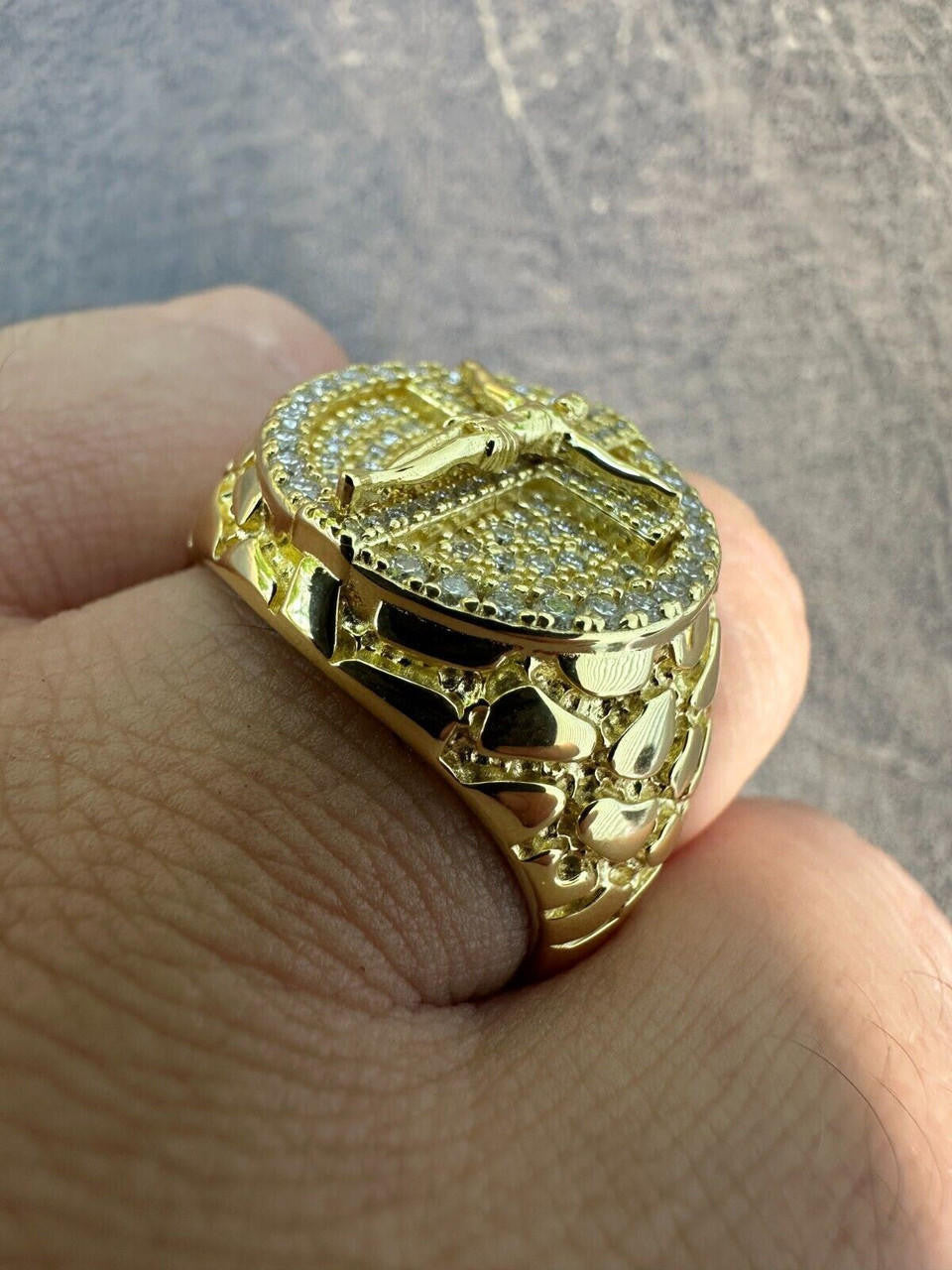 Moissanite Jesus On Cross Nugget Ring - 14k Gold Vermeil 925 Silver