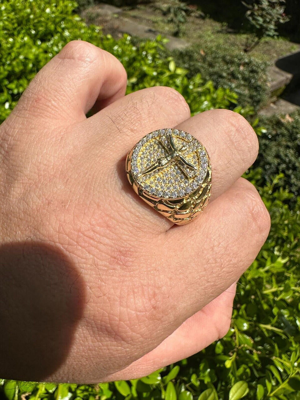Moissanite Jesus On Cross Nugget Ring - 14k Gold Vermeil 925 Silver