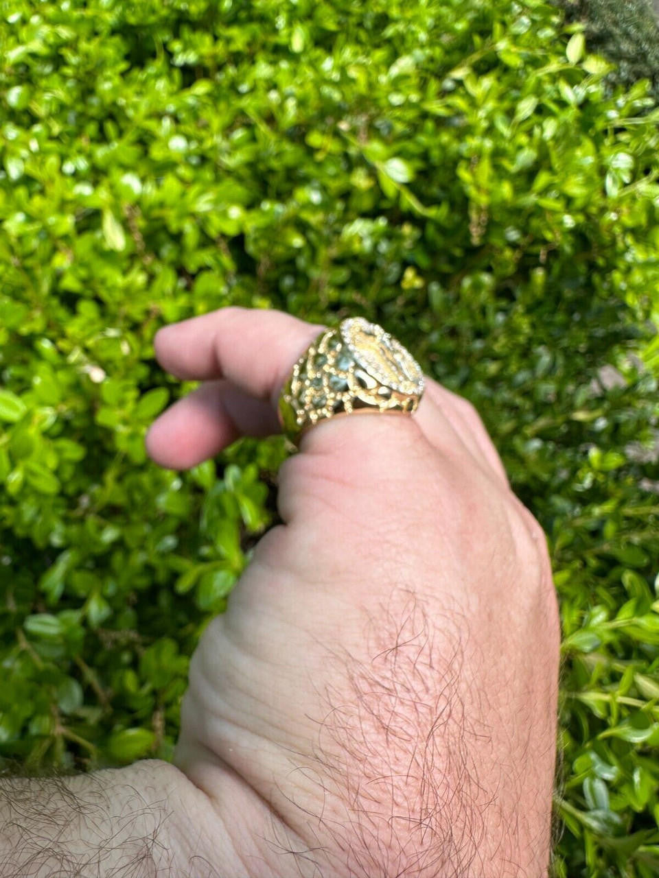 Moissanite Jesus On Cross Nugget Ring - 14k Gold Vermeil 925 Silver