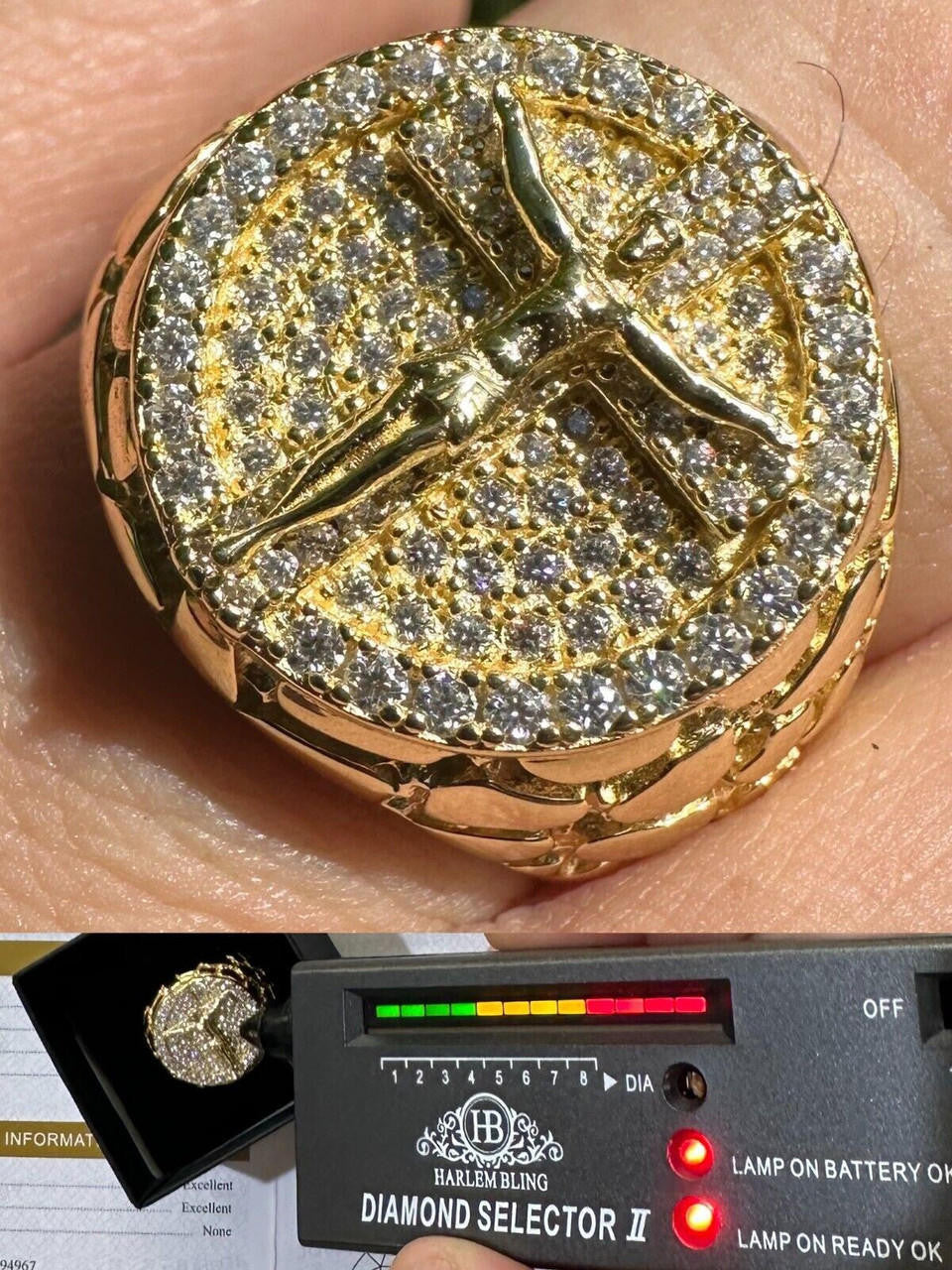 Moissanite Jesus On Cross Nugget Ring - 14k Gold Vermeil 925 Silver