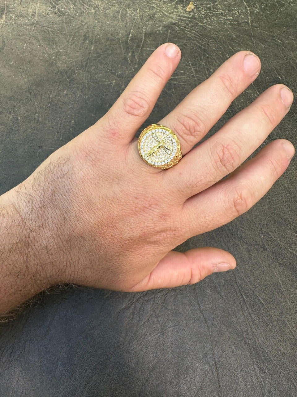 Moissanite Jesus On Cross Nugget Ring - 14k Gold Vermeil 925 Silver