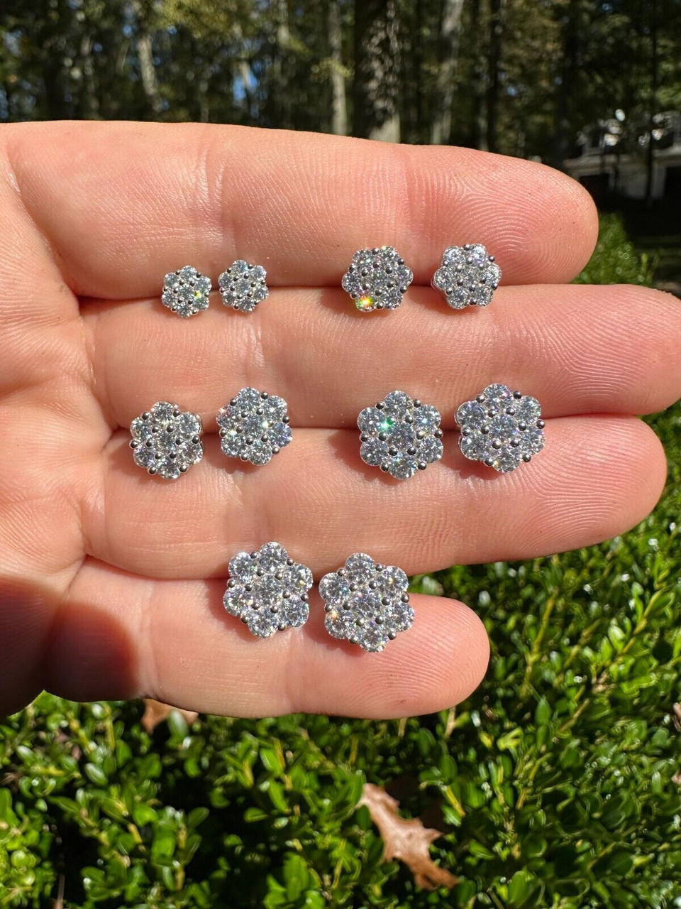 MOISSANITE Cluster Iced Out Honeycomb Set Earrings - 925 Silver - 6mm -11mm