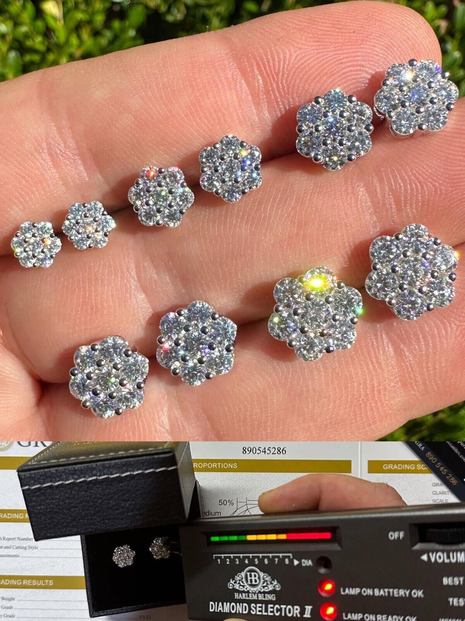MOISSANITE Cluster Iced Out Honeycomb Set Earrings - 925 Silver - 6mm -11mm