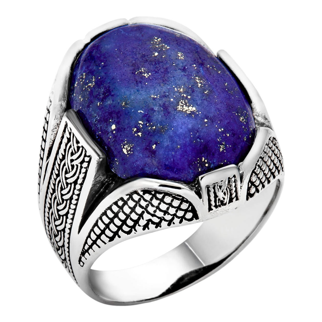Wealth Ring - 925 Silver Oxidized - Genuine Blue Lapis Lazuli Stone