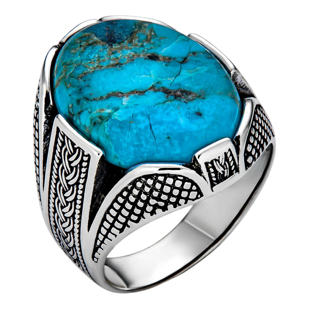 Wealth Ring - 925 Silver Oxidized - Genuine Blue Turquoise Stone