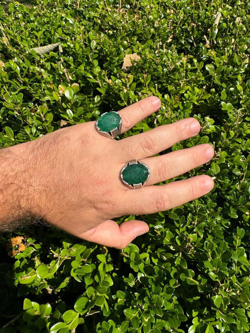 Wealth Ring - 925 Silver Oxidized - Genuine Green Emerald Stone