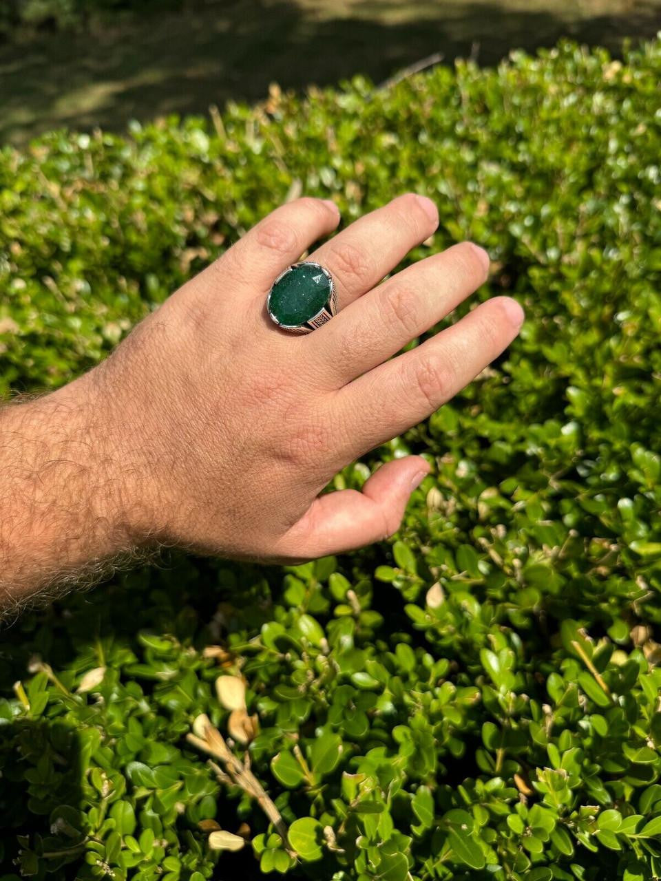 Wealth Ring - 925 Silver Oxidized - Genuine Green Emerald Stone