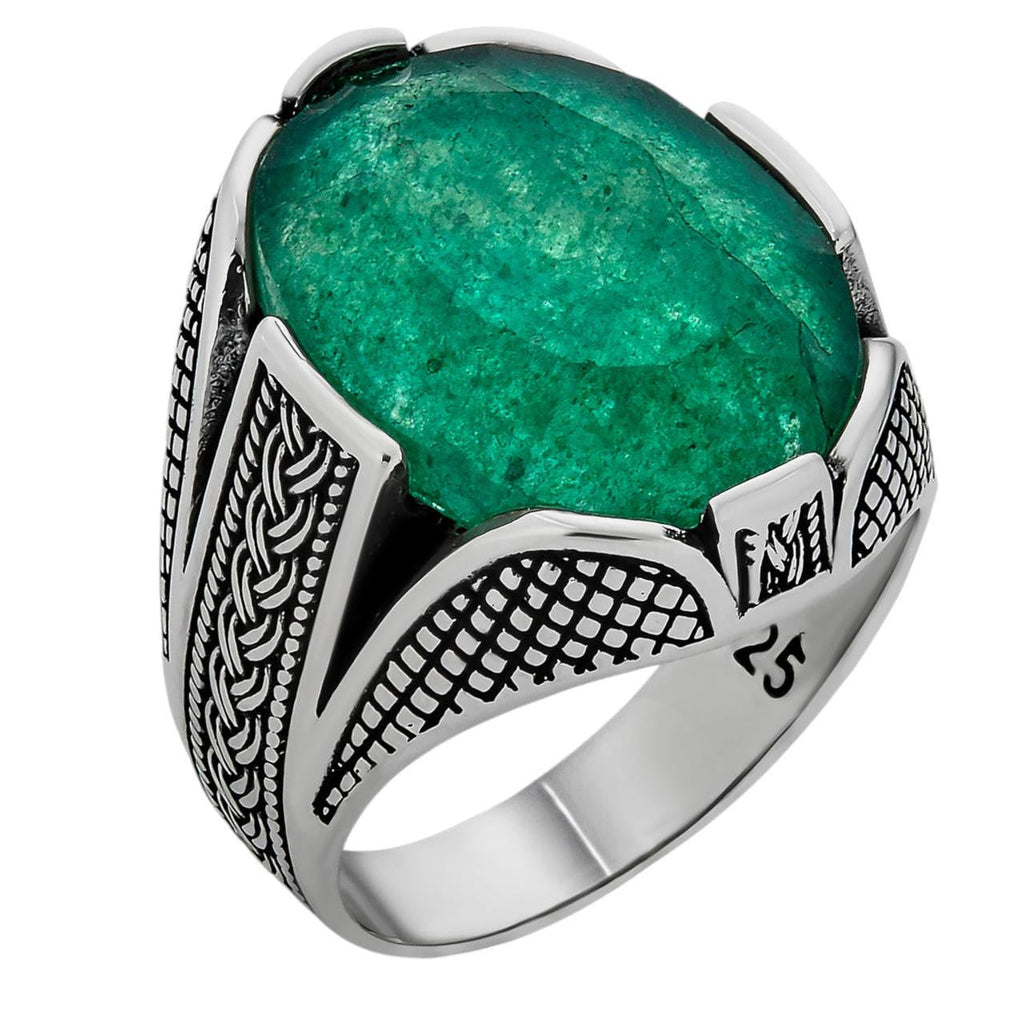 Wealth Ring - 925 Silver Oxidized - Genuine Green Emerald Stone