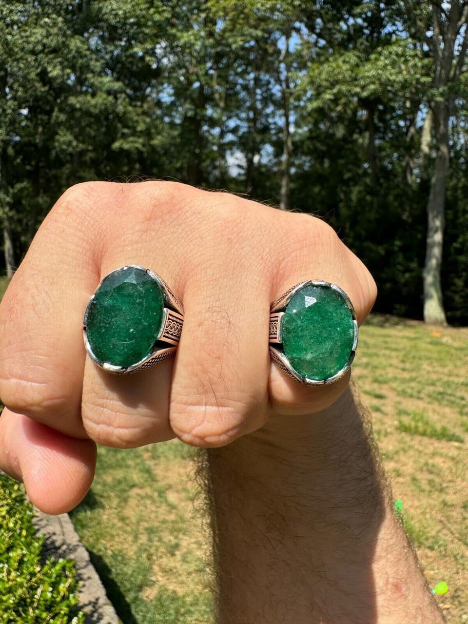 Wealth Ring - 925 Silver Oxidized - Genuine Green Emerald Stone