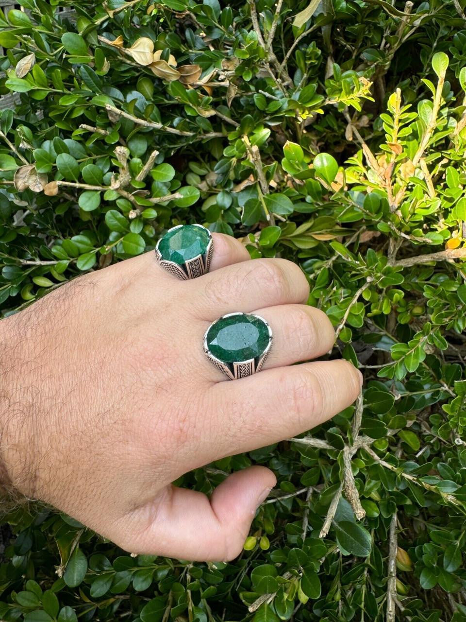 Wealth Ring - 925 Silver Oxidized - Genuine Green Emerald Stone