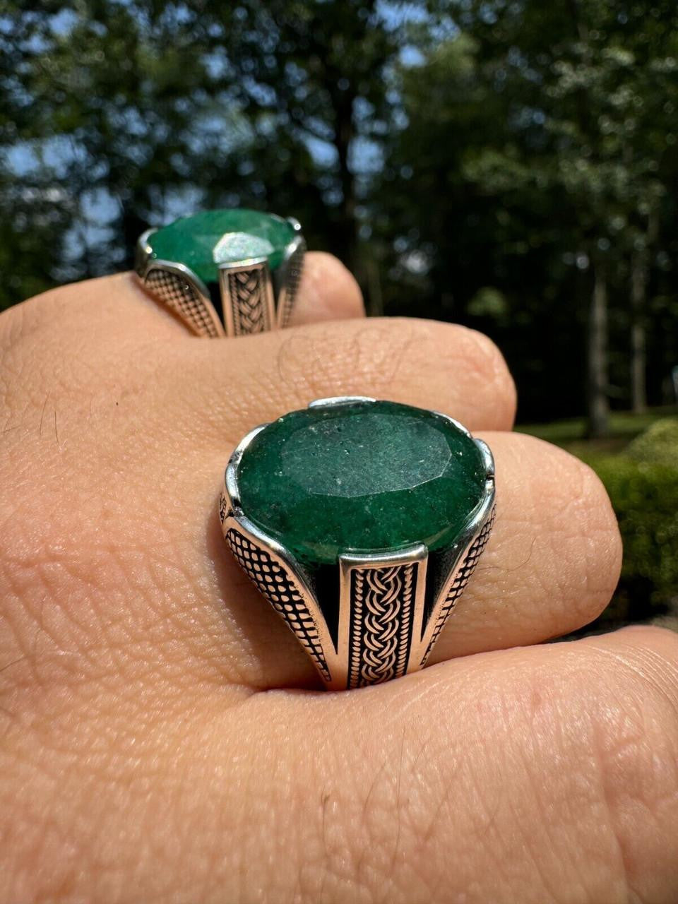 Wealth Ring - 925 Silver Oxidized - Genuine Green Emerald Stone