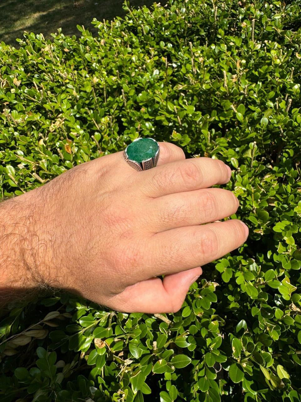 Wealth Ring - 925 Silver Oxidized - Genuine Green Emerald Stone