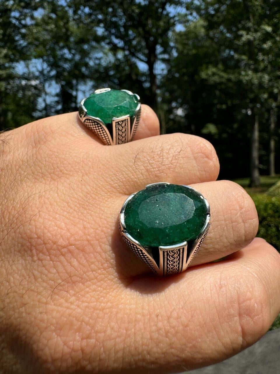 Wealth Ring - 925 Silver Oxidized - Genuine Green Emerald Stone