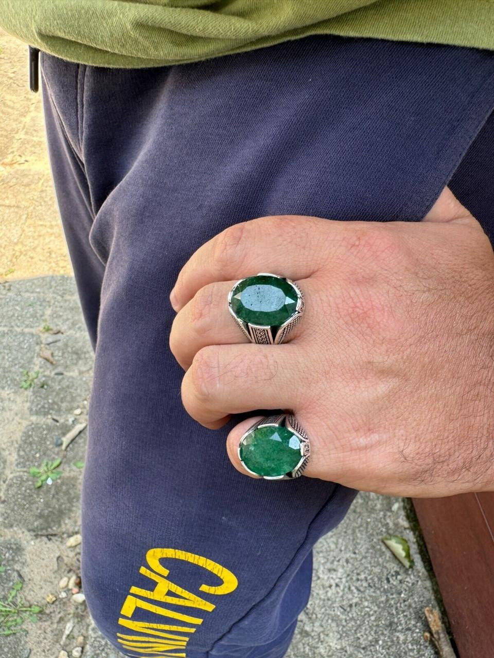 Wealth Ring - 925 Silver Oxidized - Genuine Green Emerald Stone