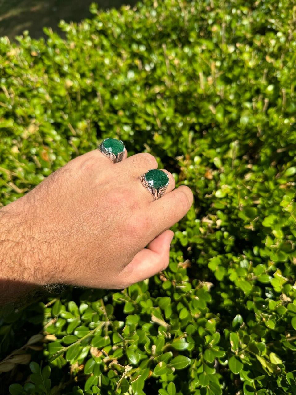 Wealth Ring - 925 Silver Oxidized - Genuine Green Emerald Stone