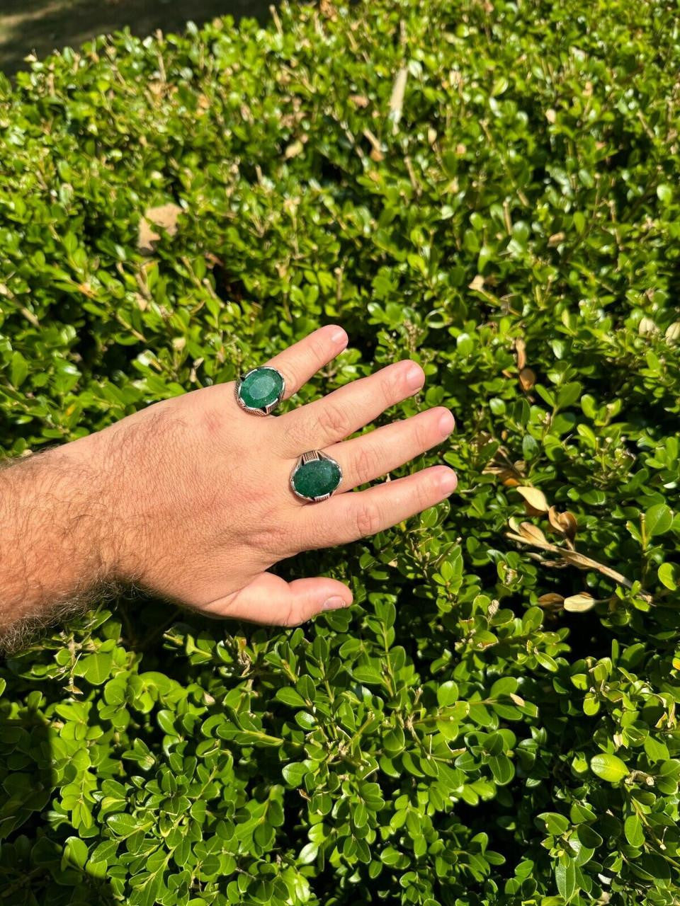 Wealth Ring - 925 Silver Oxidized - Genuine Green Emerald Stone