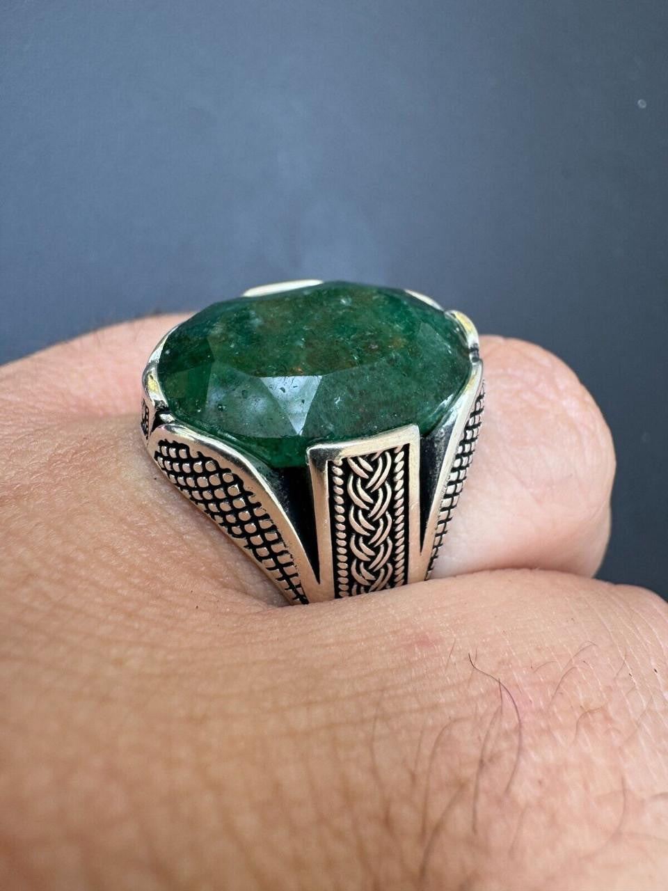 Wealth Ring - 925 Silver Oxidized - Genuine Green Emerald Stone