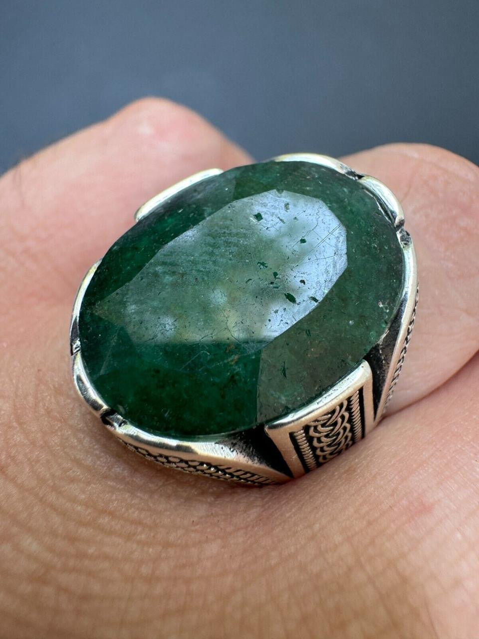 Wealth Ring - 925 Silver Oxidized - Genuine Green Emerald Stone