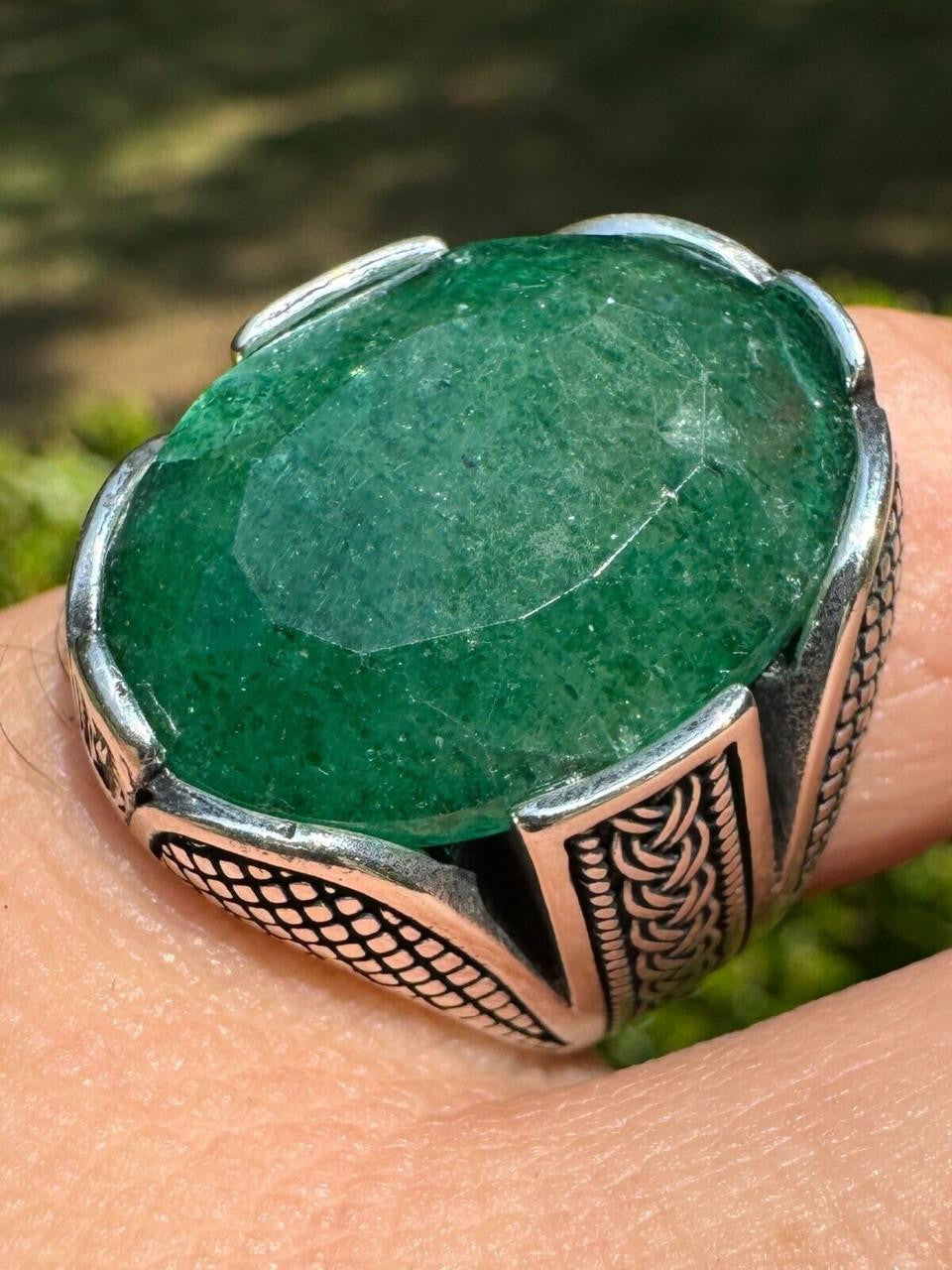 Wealth Ring - 925 Silver Oxidized - Genuine Green Emerald Stone
